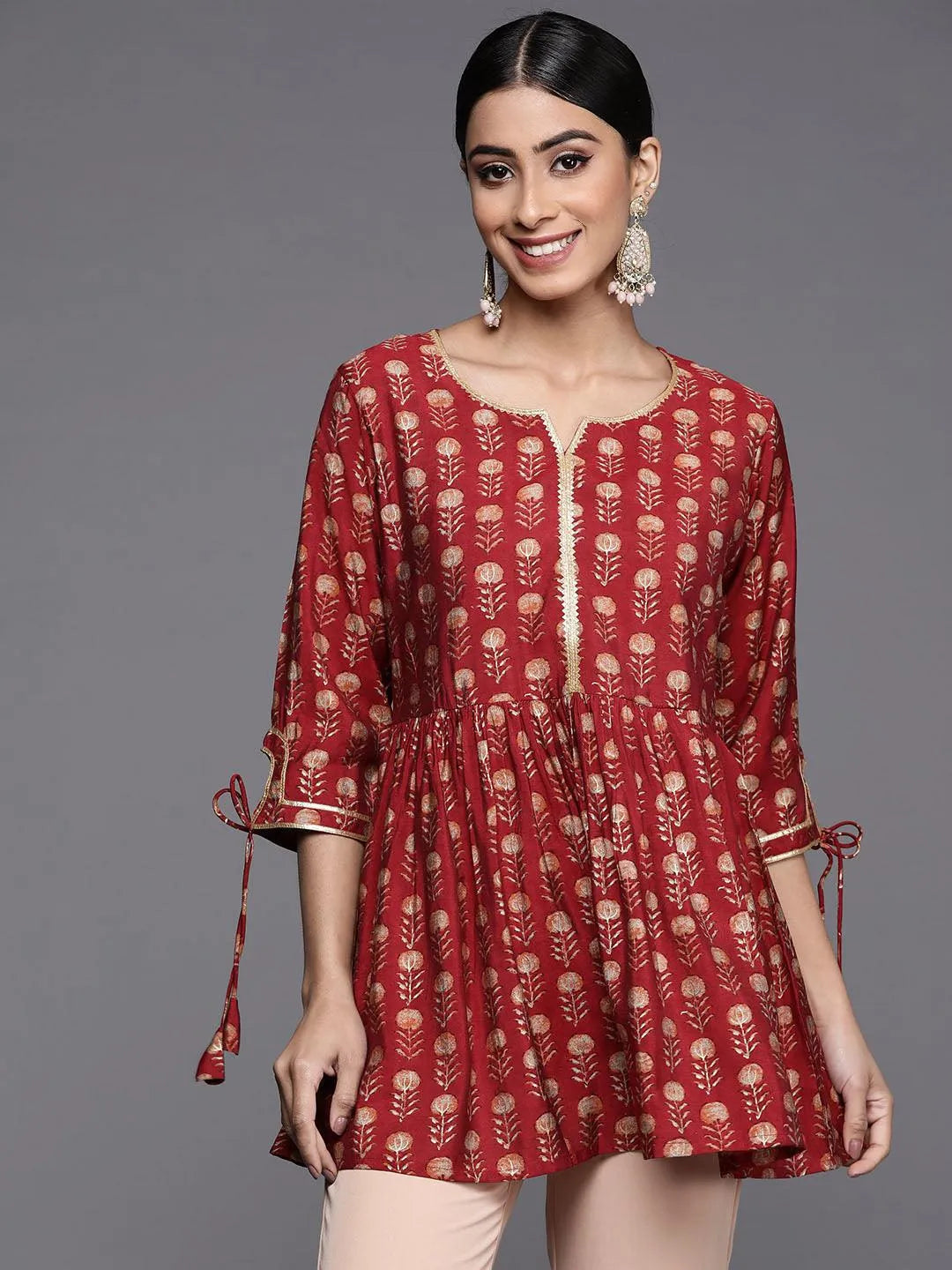 Maroon Printed Silk Blend A-Line Kurti - Libas