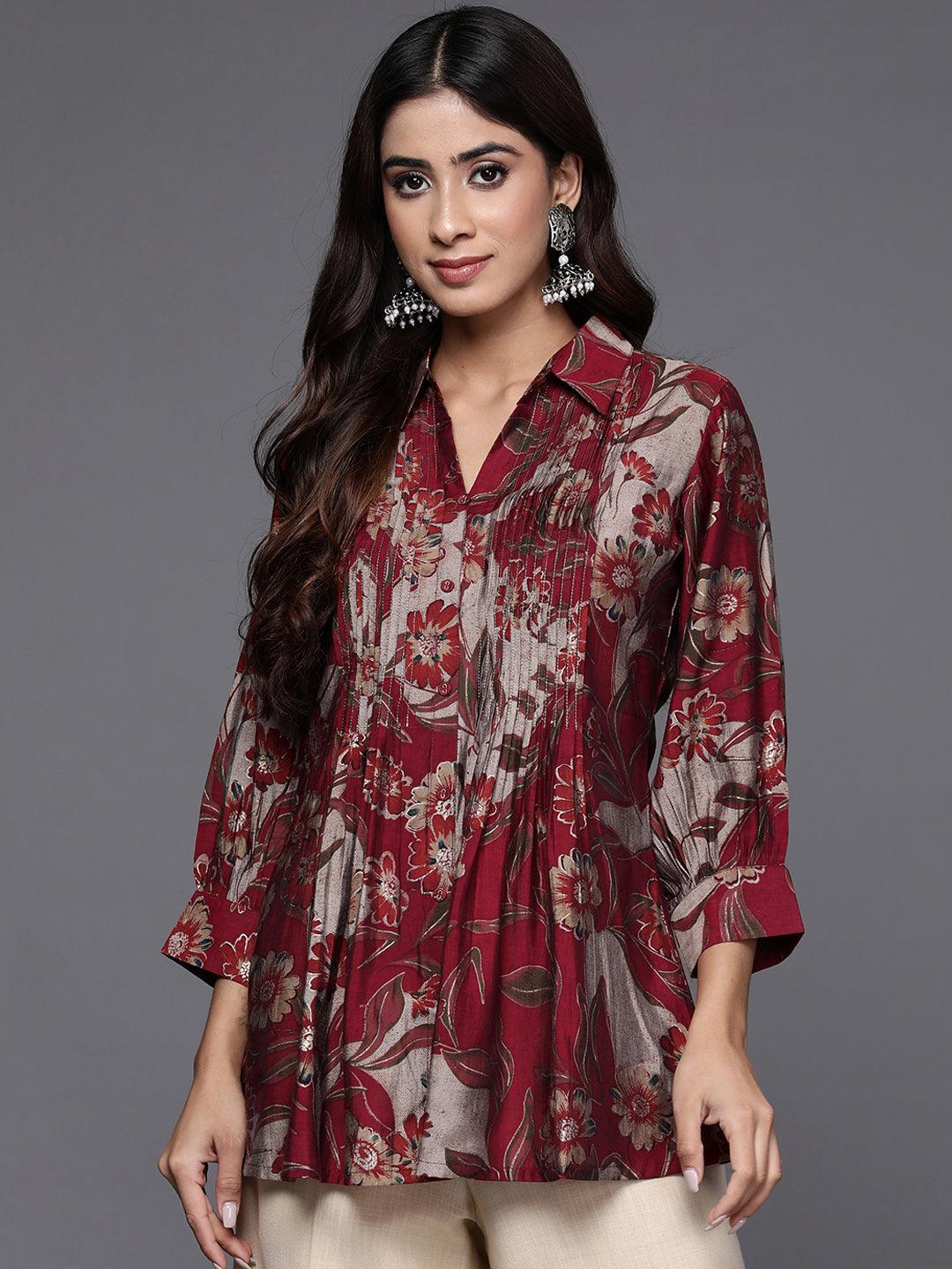 Maroon Printed Silk Blend A-Line Kurti - Libas 