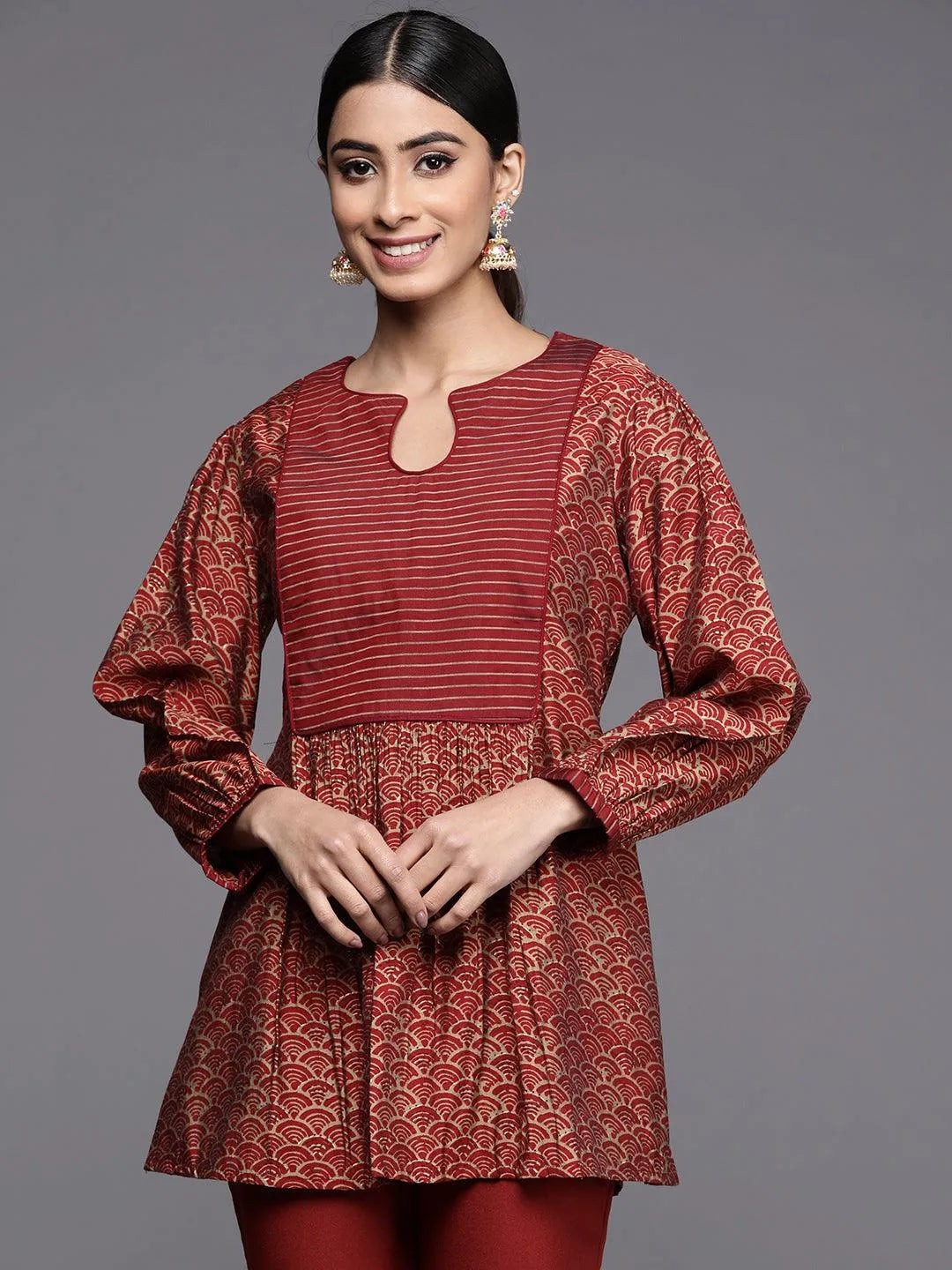 Maroon Printed Silk Blend A-Line Kurti - Libas