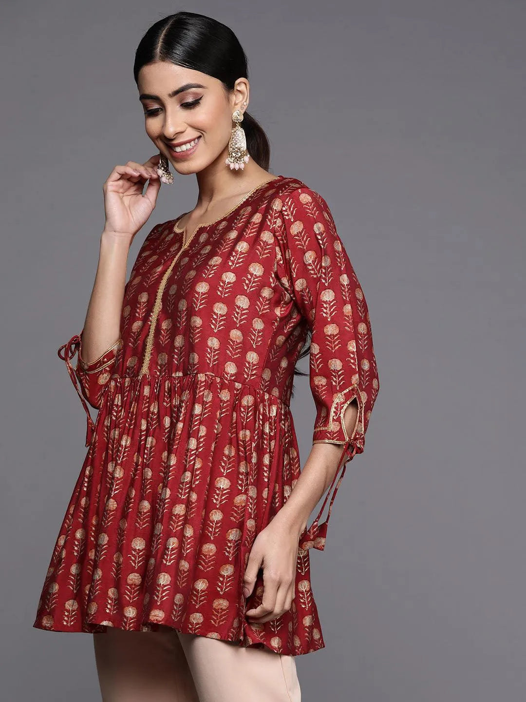 Maroon Printed Silk Blend A-Line Kurti - Libas