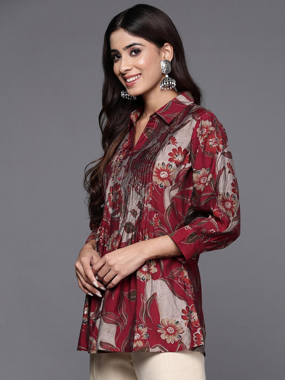 Maroon Printed Silk Blend A-Line Kurti - Libas 