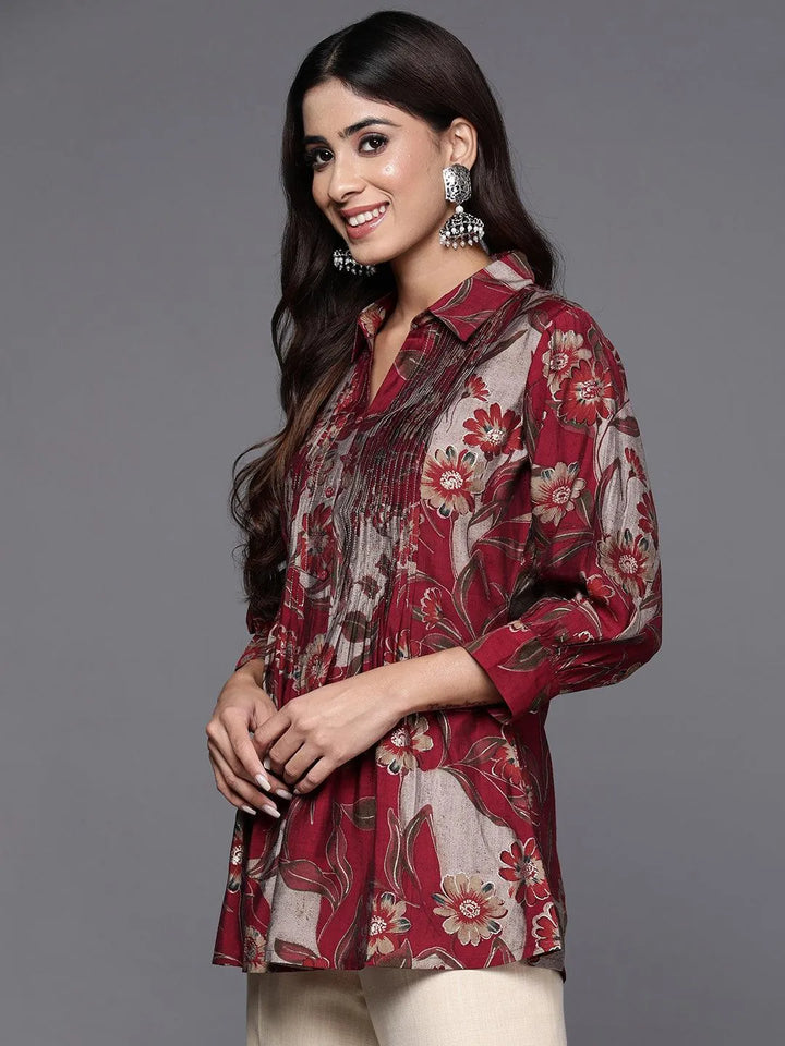 Maroon Printed Silk Blend A-Line Kurti - Libas