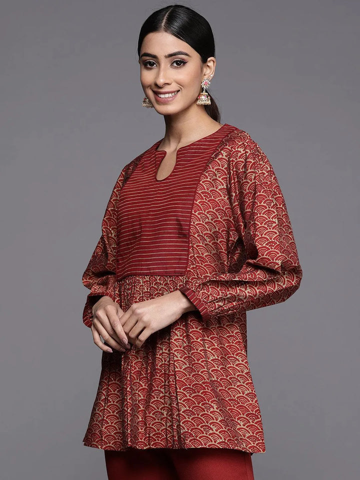 Maroon Printed Silk Blend A-Line Kurti - Libas