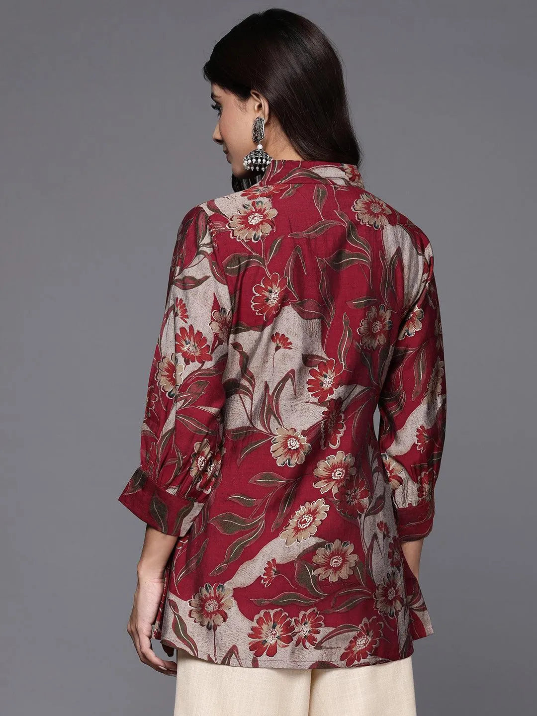 Maroon Printed Silk Blend A-Line Kurti - Libas 