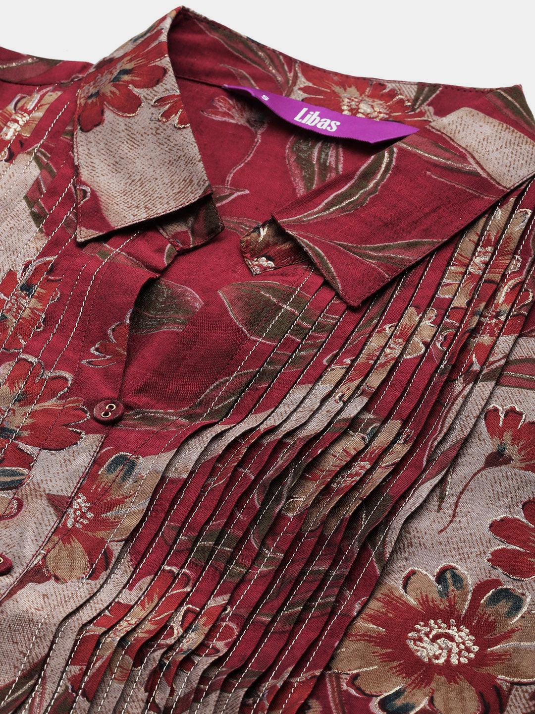 Maroon Printed Silk Blend A-Line Kurti - Libas 