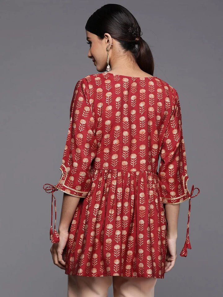 Maroon Printed Silk Blend A-Line Kurti - Libas