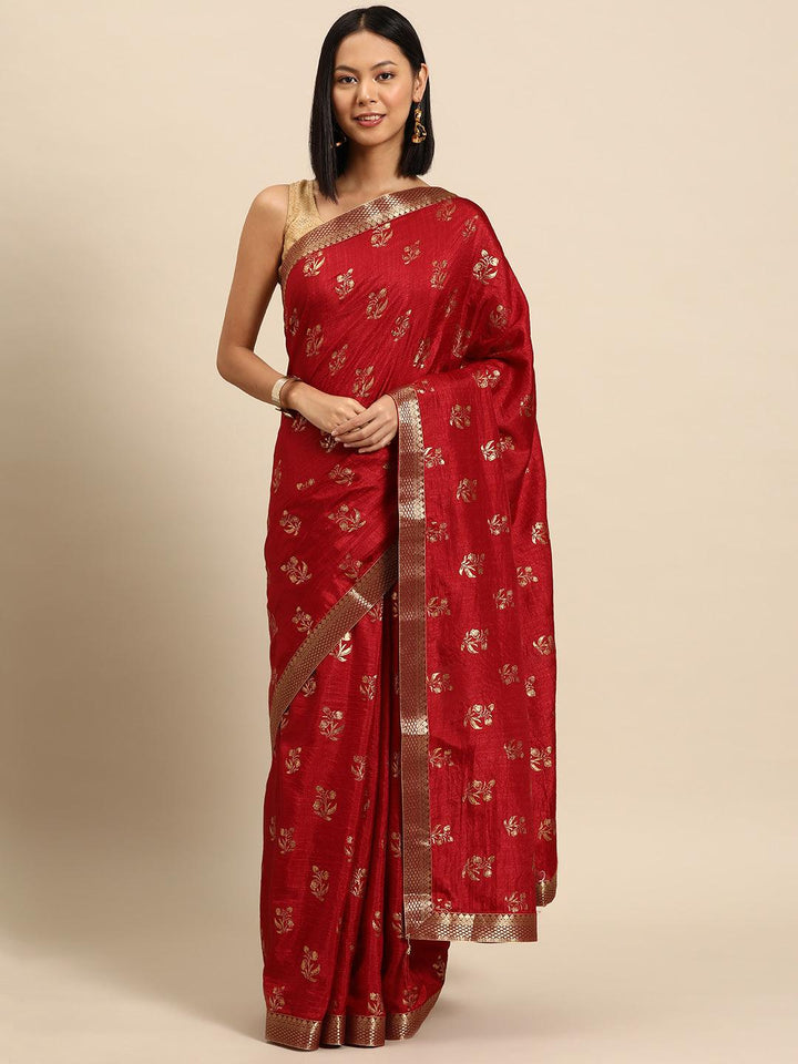 Maroon Printed Silk Blend Saree - Libas