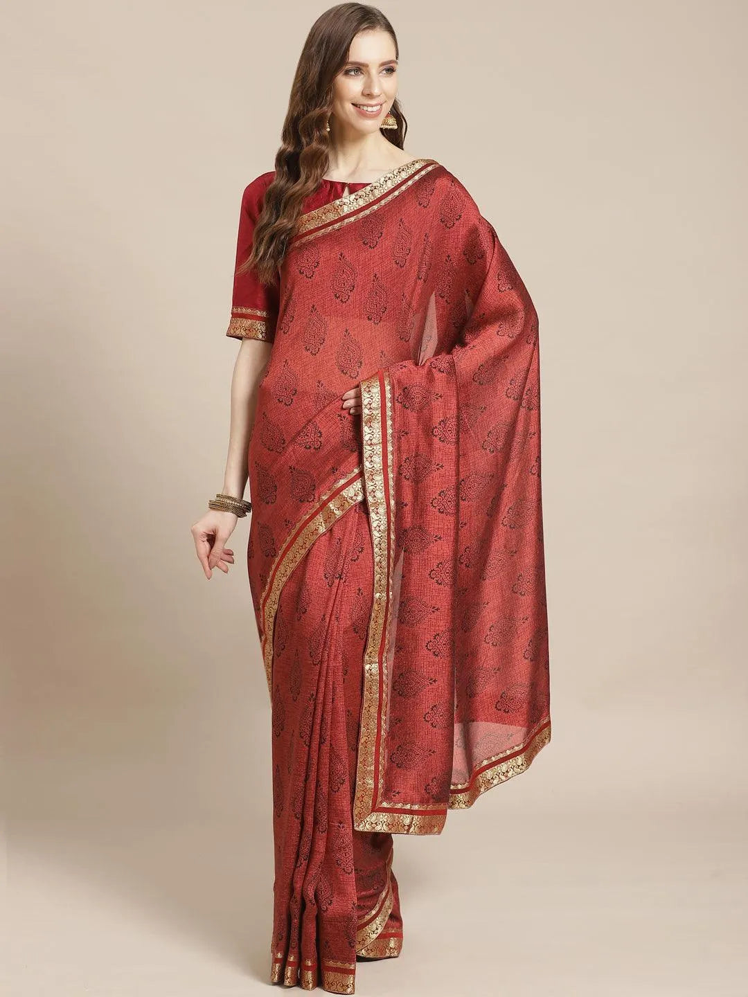 Maroon Printed Silk Blend Saree - Libas