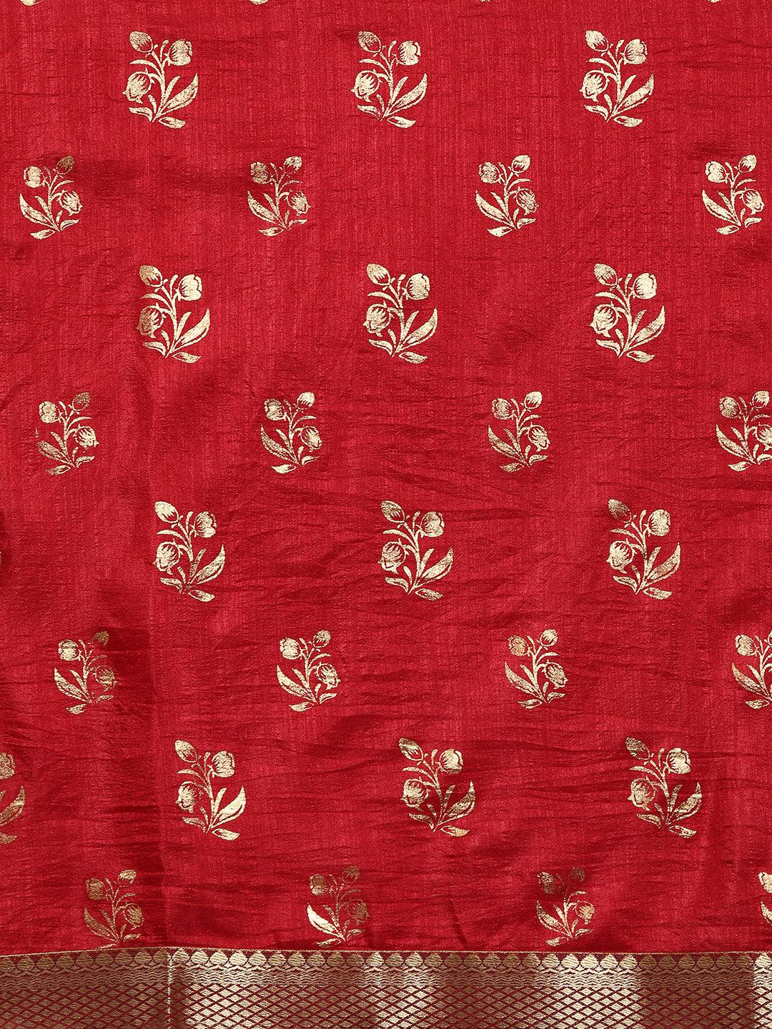 Maroon Printed Silk Blend Saree - Libas