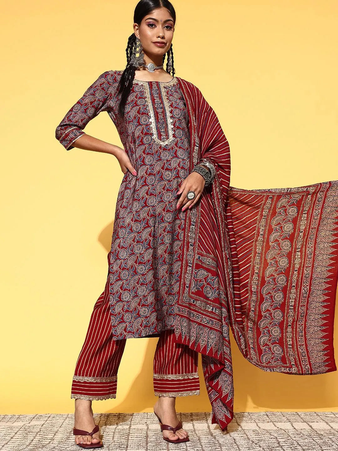 Maroon Printed Silk Blend Straight Suit Set - Libas 