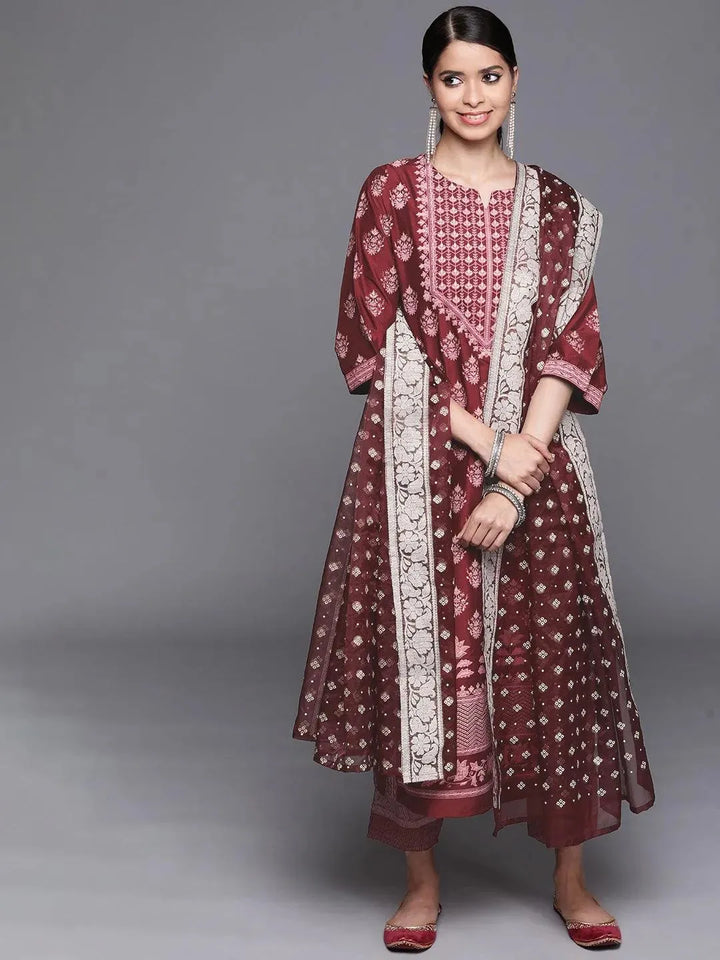 Maroon Printed Silk Blend Suit Set - Libas