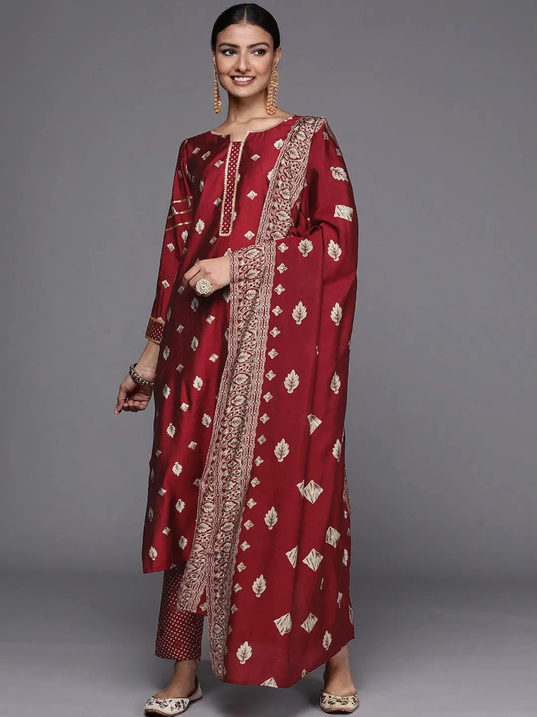 Maroon Printed Silk Blend Straight Suit Set - Libas