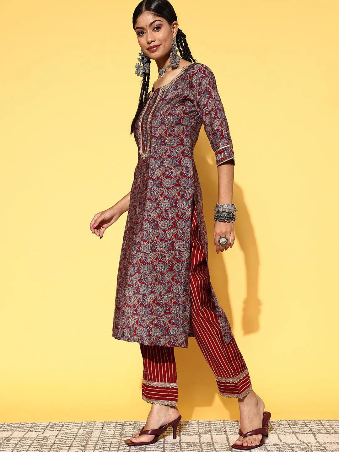 Maroon Printed Silk Blend Straight Suit Set - Libas 