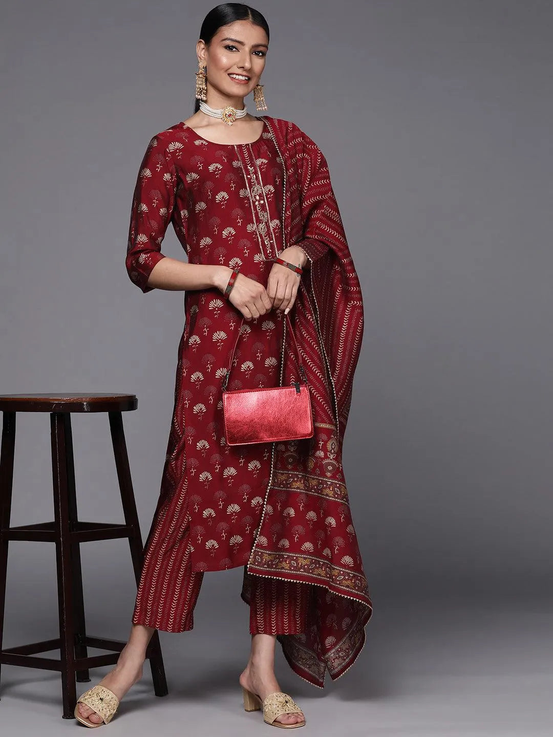 Maroon Printed Silk Blend Straight Suit Set - Libas