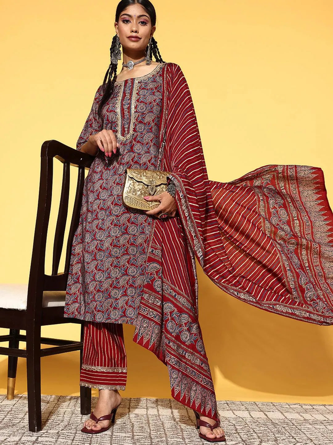 Maroon Printed Silk Blend Straight Suit Set - Libas 