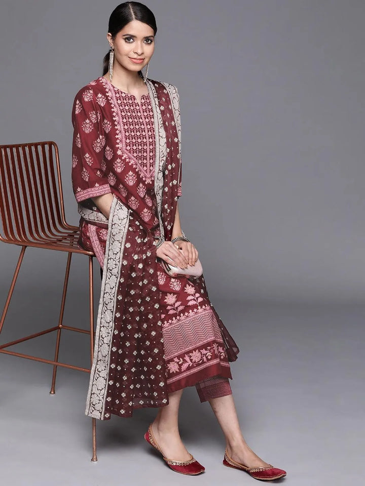 Maroon Printed Silk Blend Suit Set - Libas