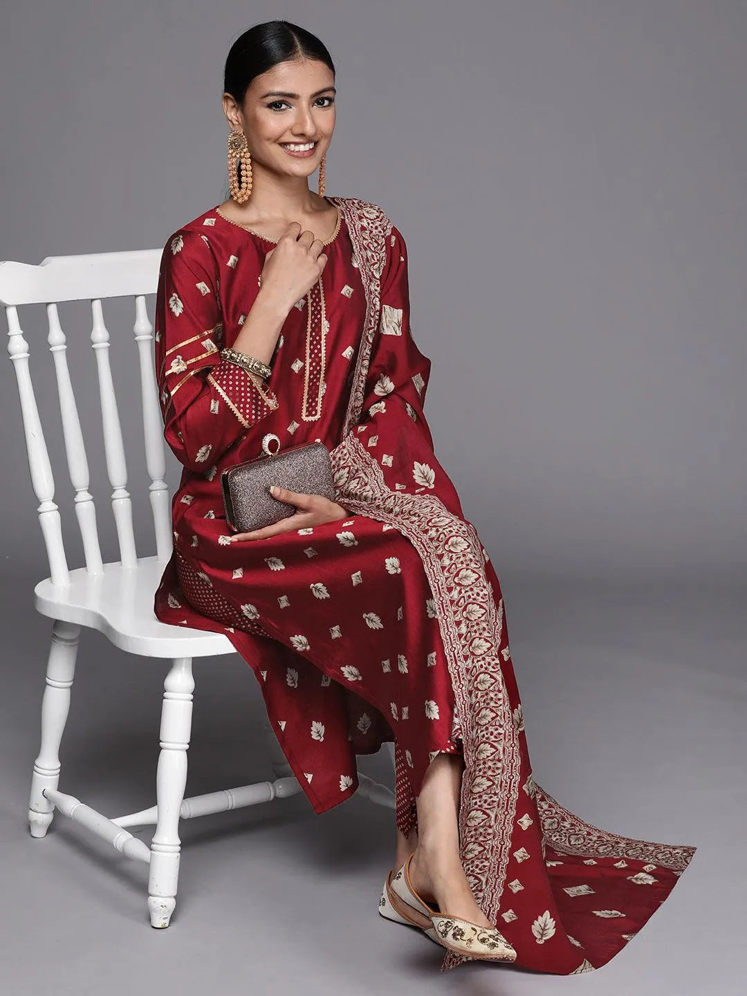 Maroon Printed Silk Blend Straight Suit Set - Libas