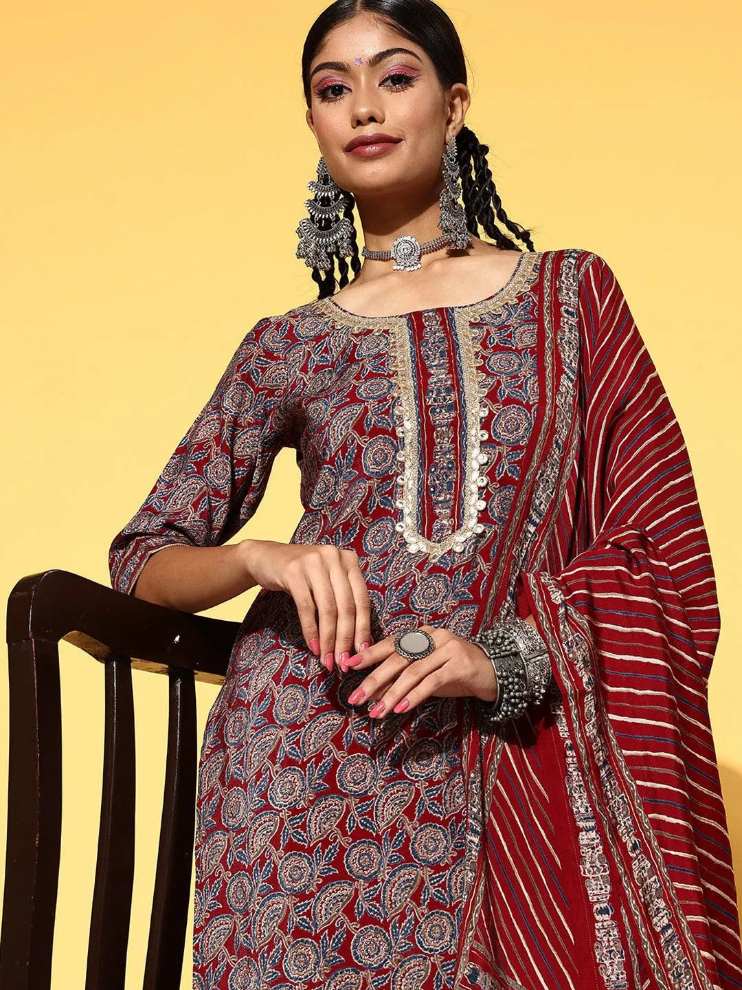 Maroon Printed Silk Blend Straight Suit Set - Libas 