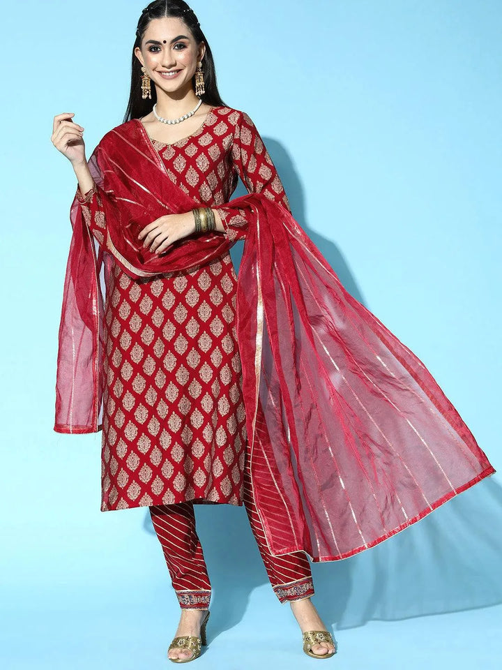 Maroon Printed Silk Blend Straight Suit Set - Libas