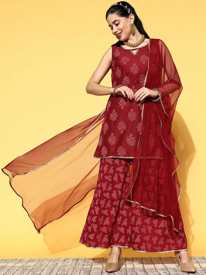 Maroon Printed Silk Blend Straight Suit Set - Libas