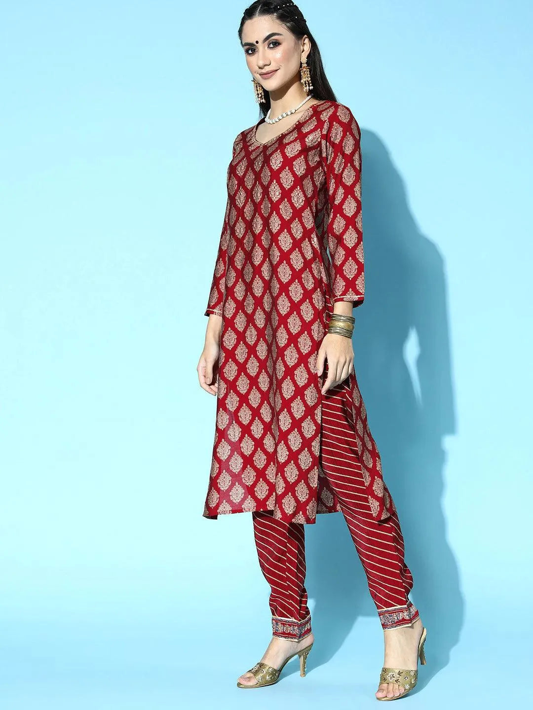 Maroon Printed Silk Blend Straight Suit Set - Libas 