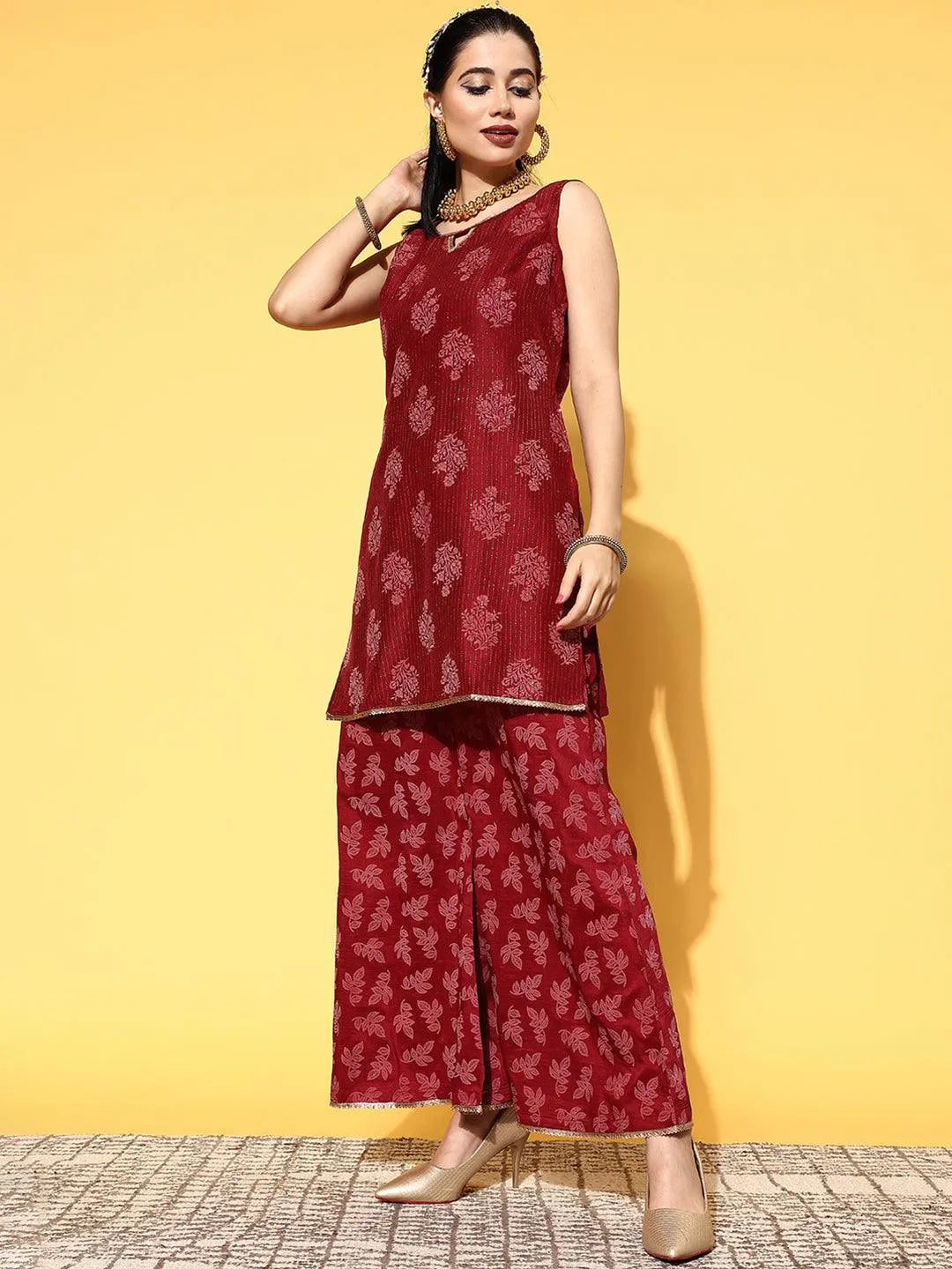 Maroon Printed Silk Blend Straight Suit Set - Libas