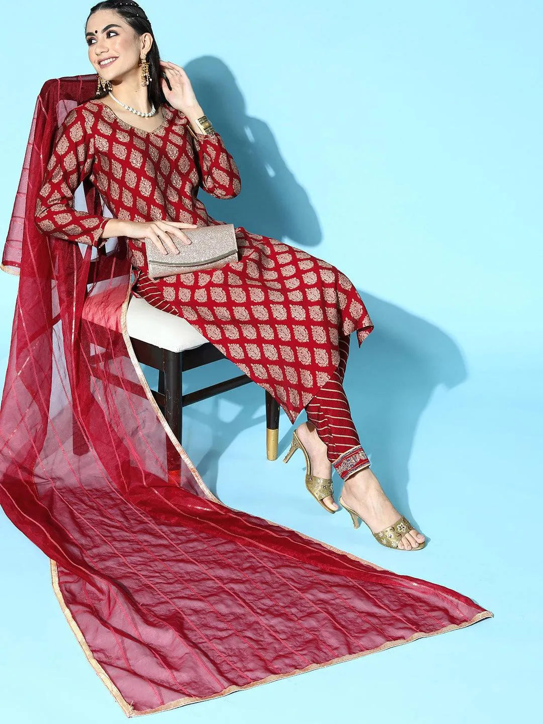 Maroon Printed Silk Blend Straight Suit Set - Libas 