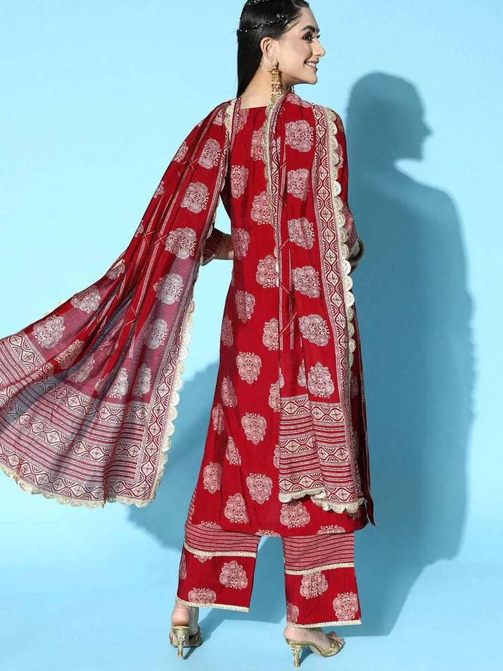 Maroon Printed Silk Blend Straight Suit Set - Libas