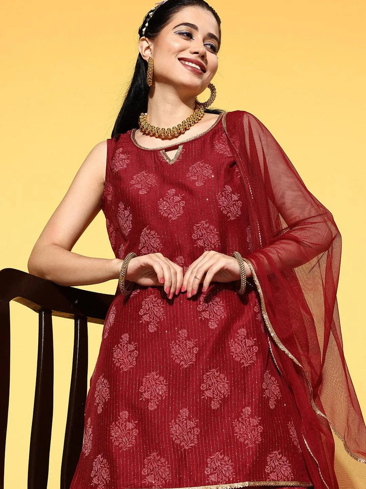 Maroon Printed Silk Blend Straight Suit Set - Libas