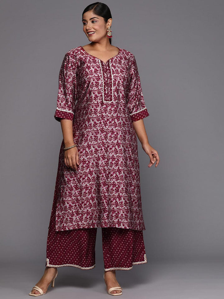 Maroon Printed Silk Blend Straight Kurta With Palazzos & Dupatta - Libas