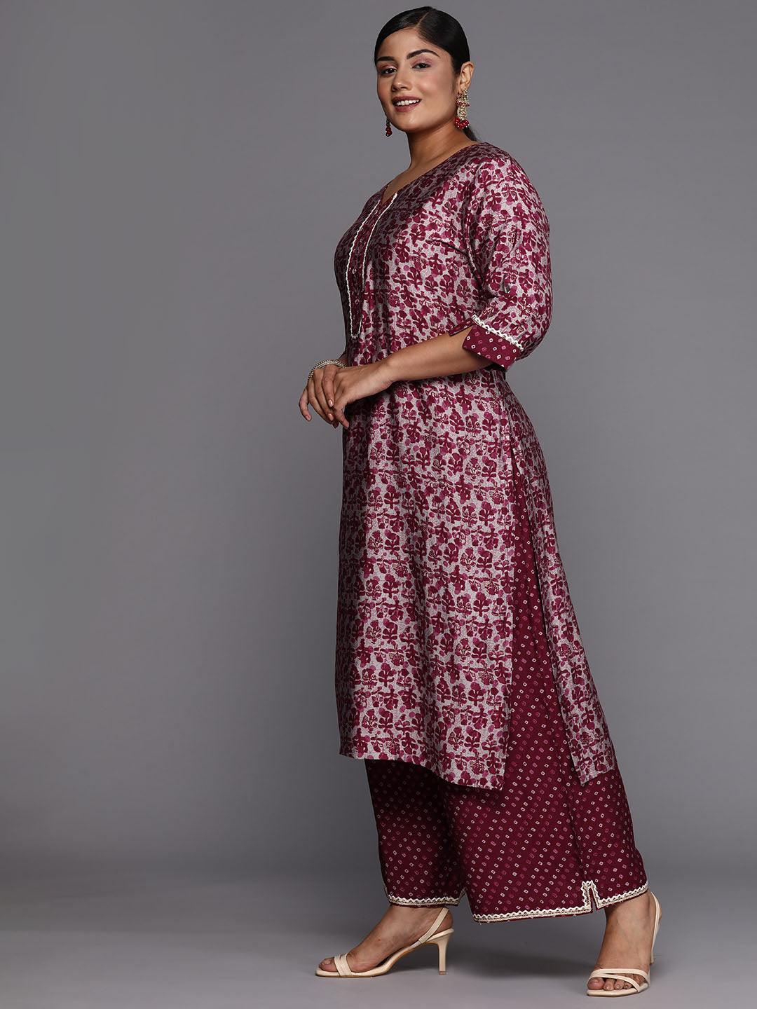 Maroon Printed Silk Blend Straight Kurta With Palazzos & Dupatta - Libas