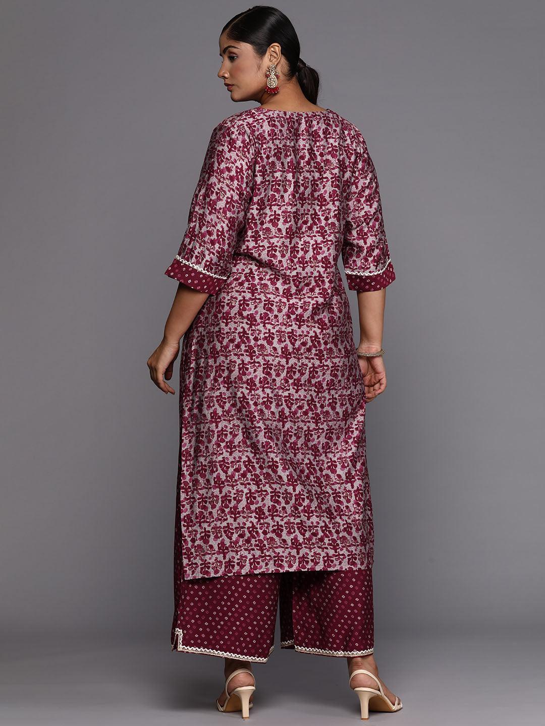 Maroon Printed Silk Blend Straight Kurta With Palazzos & Dupatta - Libas