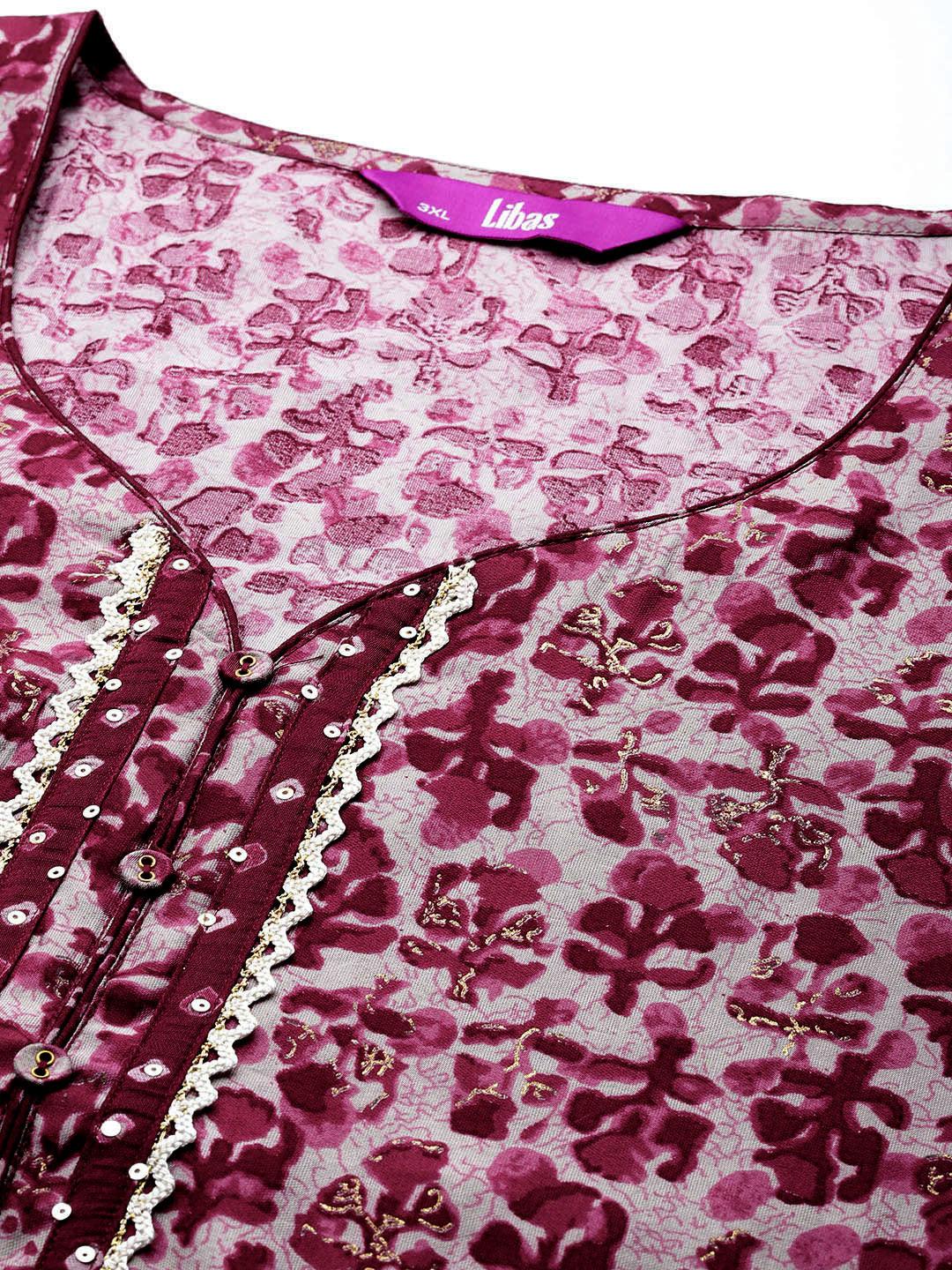 Maroon Printed Silk Blend Straight Kurta With Palazzos & Dupatta - Libas