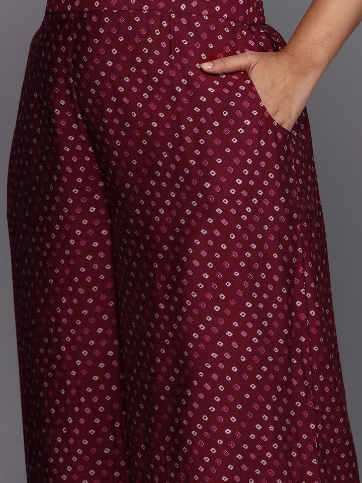 Maroon Printed Silk Blend Straight Kurta With Palazzos & Dupatta - Libas