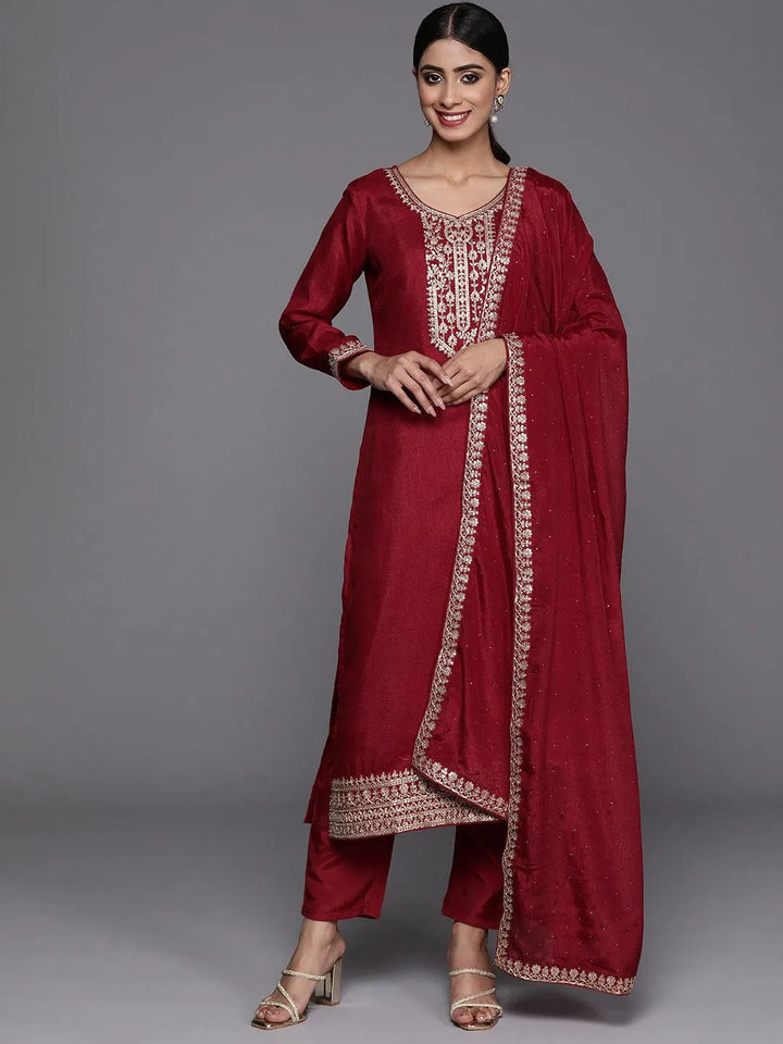 Maroon Printed Silk Blend Straight Kurta With Trousers & Dupatta - Libas