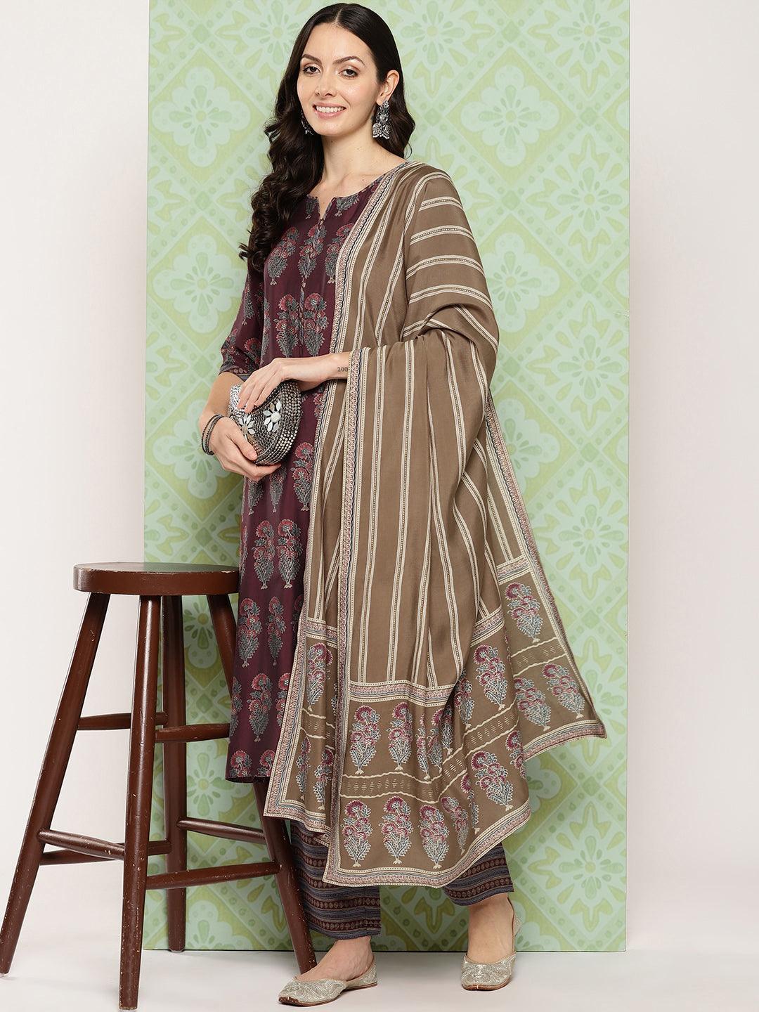 Buy Maroon Printed Silk Blend Straight Suit With Dupatta Online At Rs ...