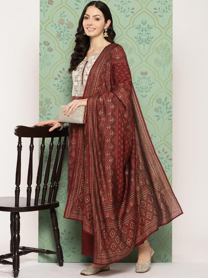 Maroon Printed Silk Blend Straight Kurta With Trousers & Dupatta - Libas