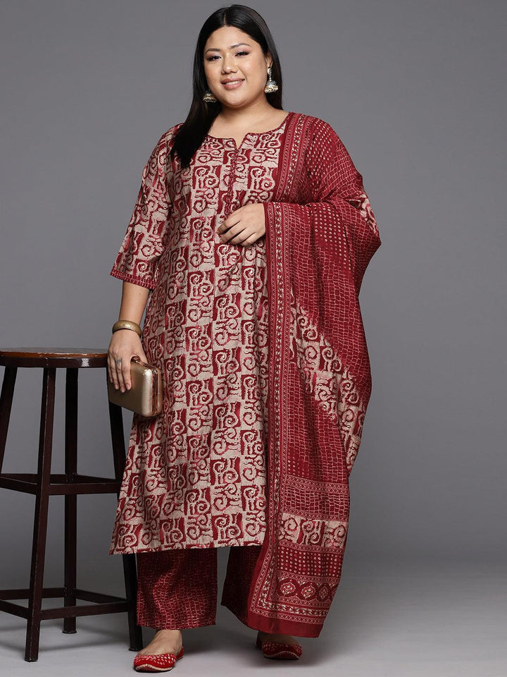 Maroon Printed Silk Blend Straight Kurta With Trousers & Dupatta - Libas