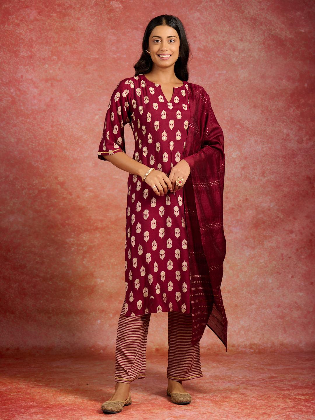 Maroon Printed Silk Blend Straight Kurta With Trousers & Dupatta - Libas 