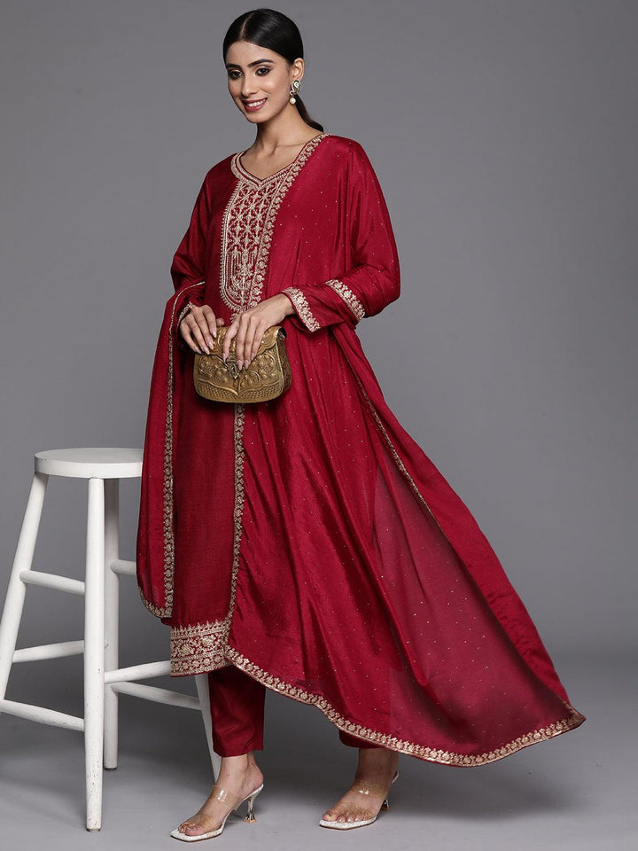 Maroon Printed Silk Blend Straight Kurta With Trousers & Dupatta - Libas