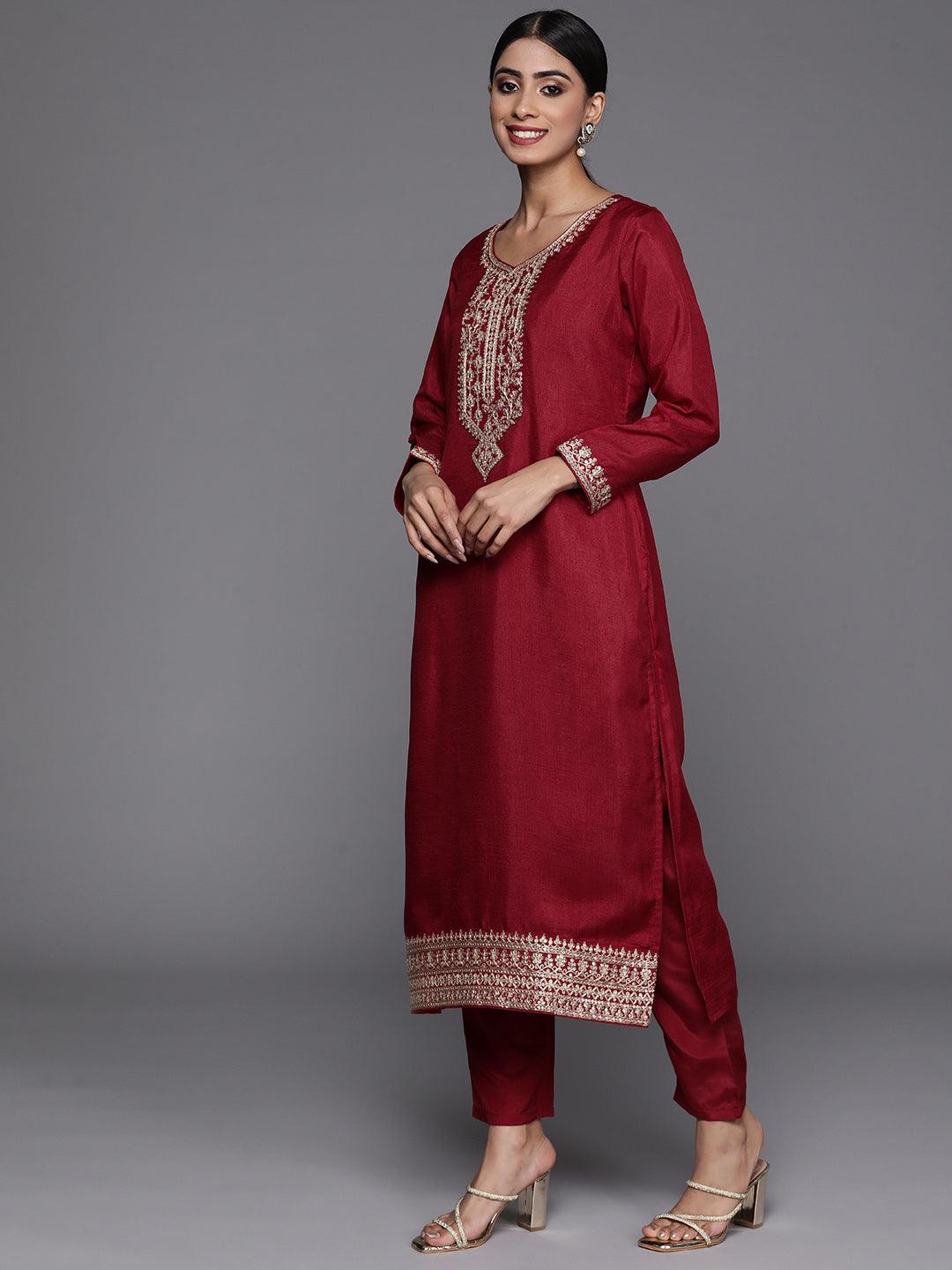 Maroon Printed Silk Blend Straight Kurta With Trousers & Dupatta - Libas