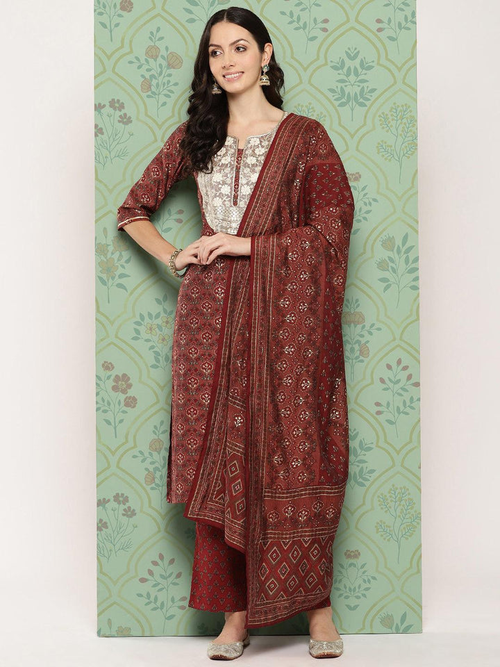 Maroon Printed Silk Blend Straight Kurta With Trousers & Dupatta - Libas