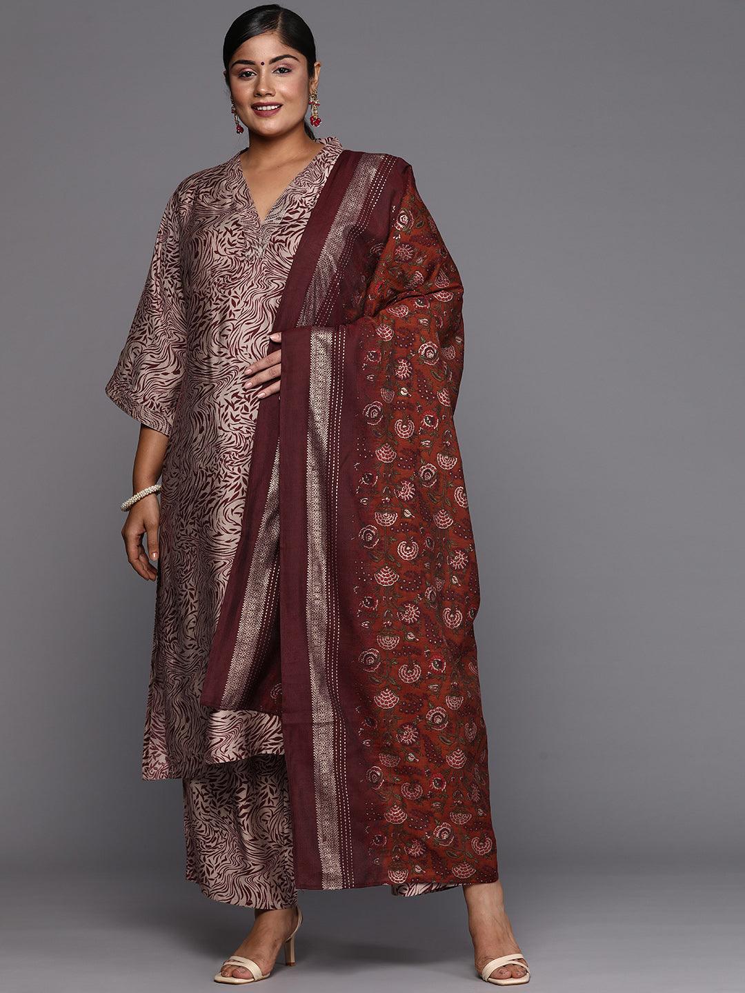 Maroon Printed Silk Blend Straight Kurta With Trousers & Dupatta - Libas 