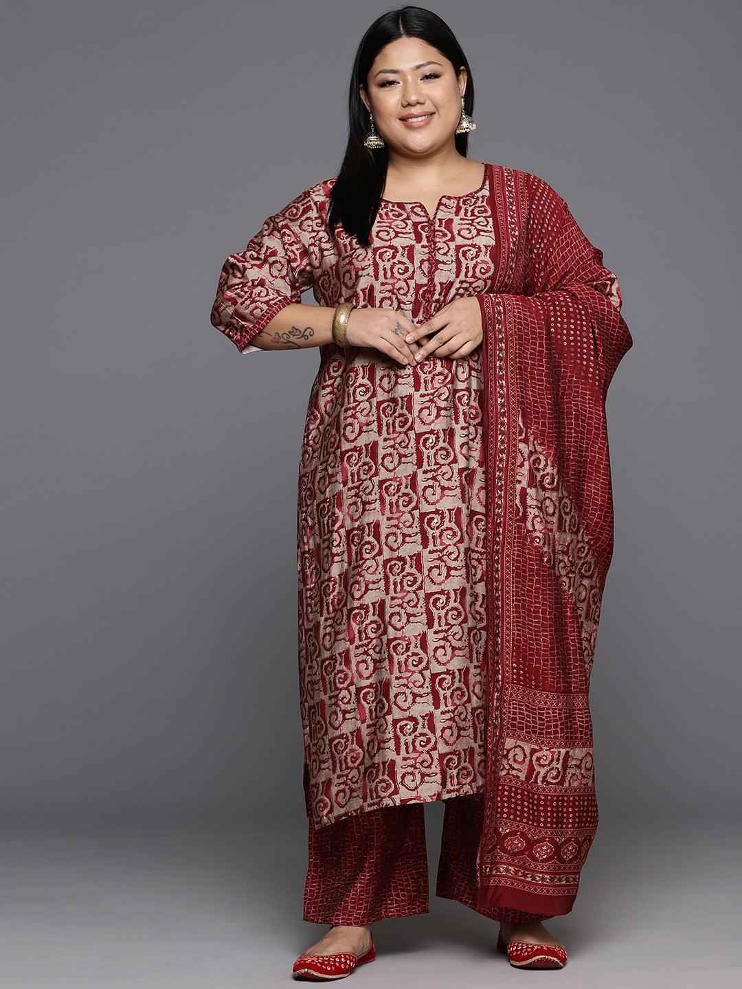 Maroon Printed Silk Blend Straight Kurta With Trousers & Dupatta - Libas