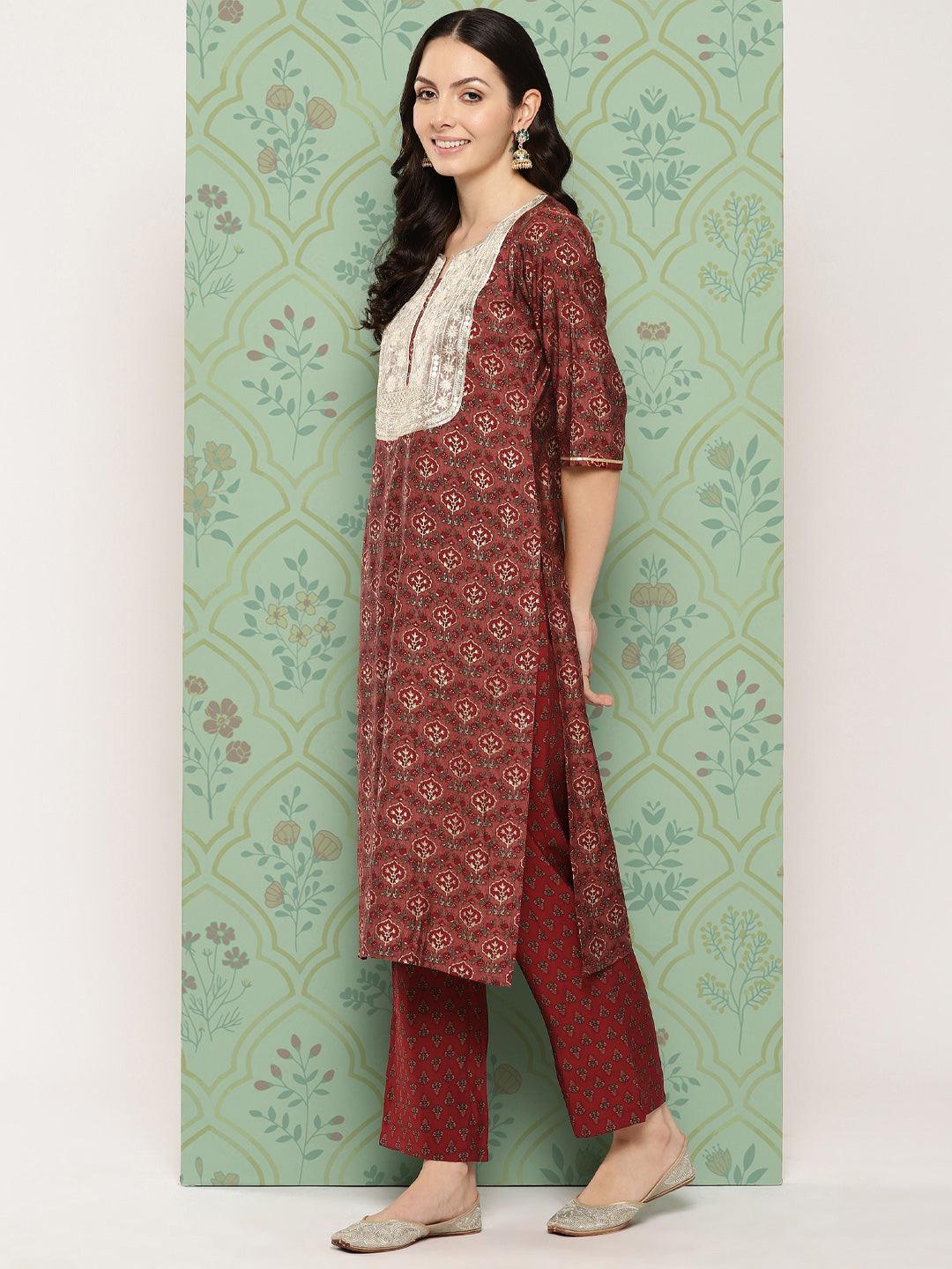 Maroon Printed Silk Blend Straight Kurta With Trousers & Dupatta - Libas