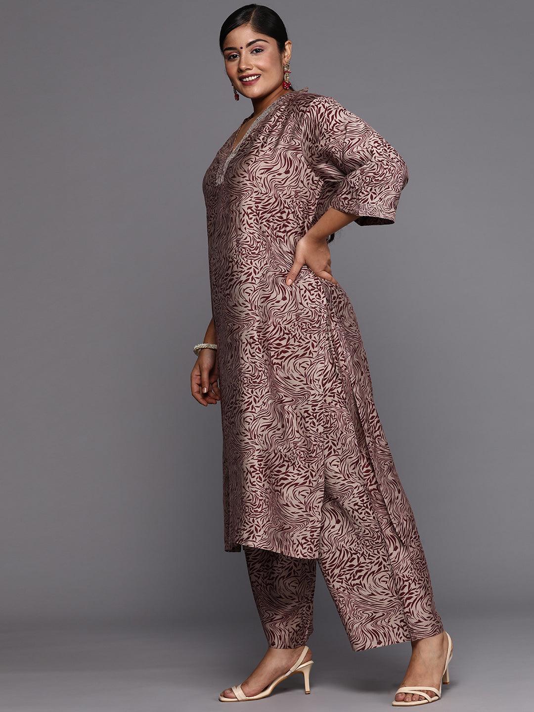 Maroon Printed Silk Blend Straight Kurta With Trousers & Dupatta - Libas 