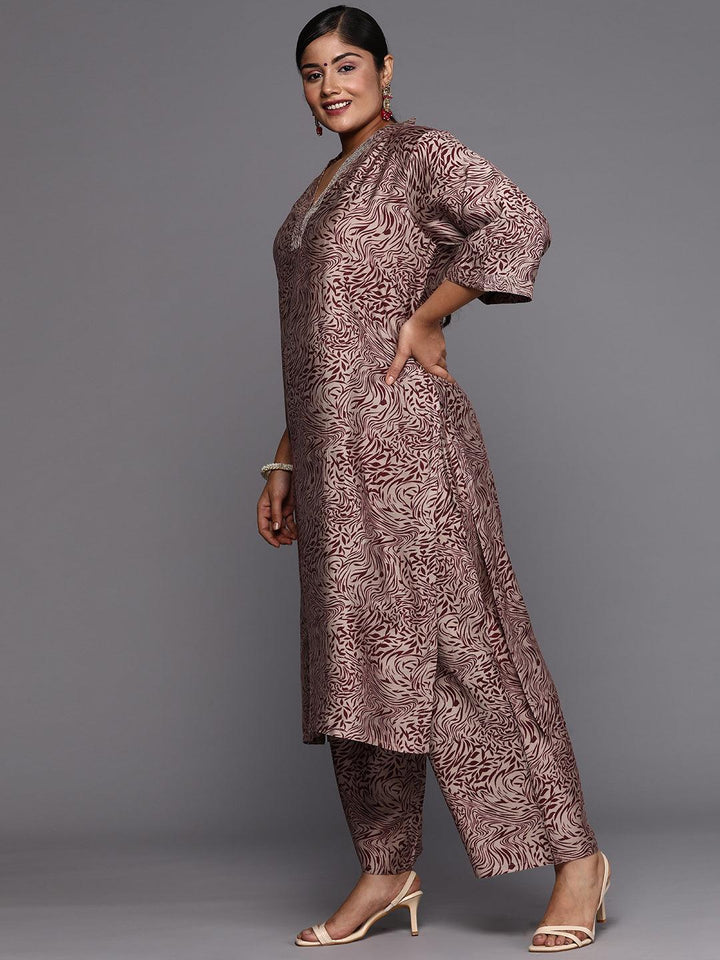 Maroon Printed Silk Blend Straight Kurta With Trousers & Dupatta - Libas