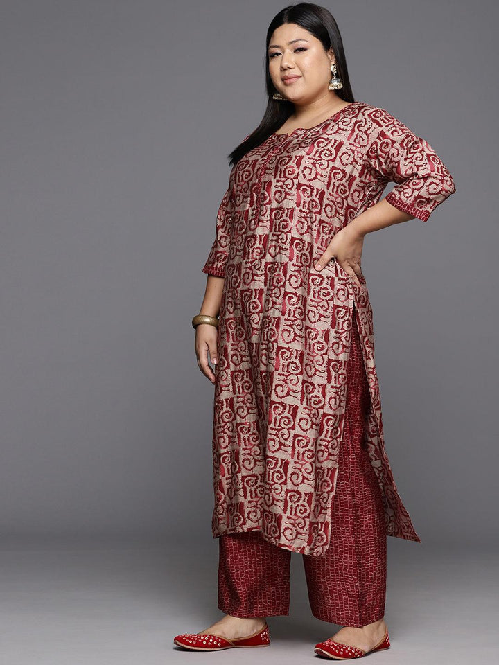 Maroon Printed Silk Blend Straight Kurta With Trousers & Dupatta - Libas