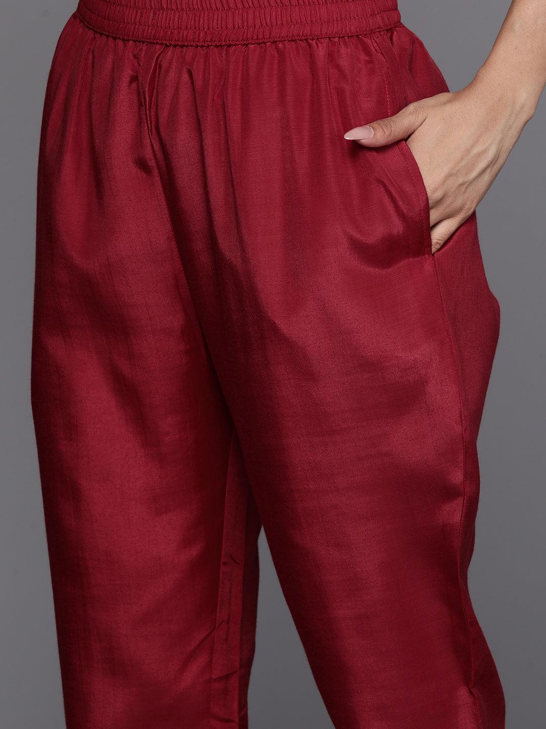 Maroon Printed Silk Blend Straight Kurta With Trousers & Dupatta - Libas