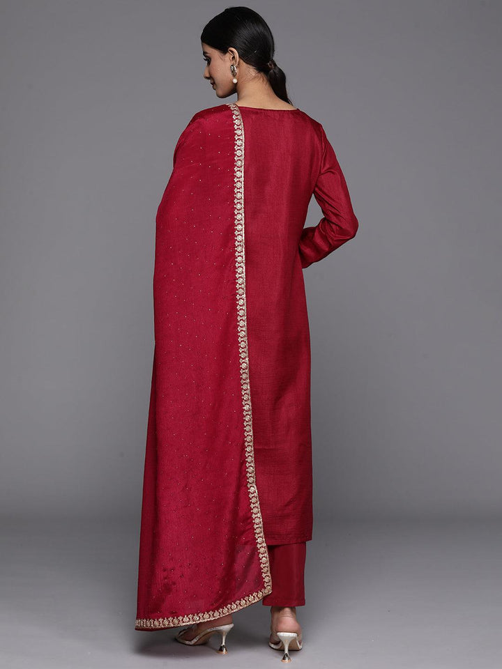 Maroon Printed Silk Blend Straight Kurta With Trousers & Dupatta - Libas